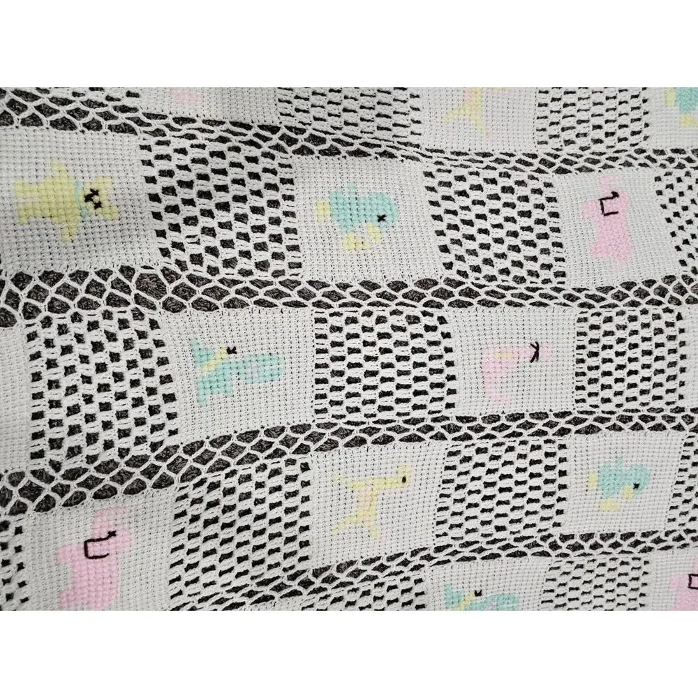 Vtg Hand Knitted Crocheted Baby Blanket Throw White w/Pastel Animals Cottagecore